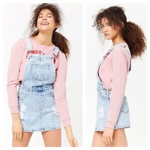 Retro 90s Forever 21 Light Wash Denim Distressed Overall Dress Womens Size XS